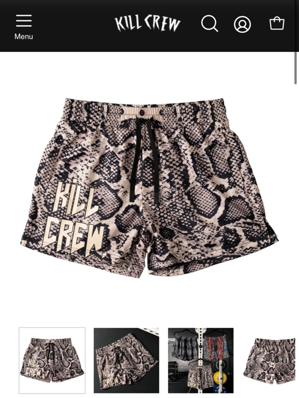 Kill Crew MUAY THAI SHORTS (MID THIGH CUT) SNAKE - BLACK / CREAM Small